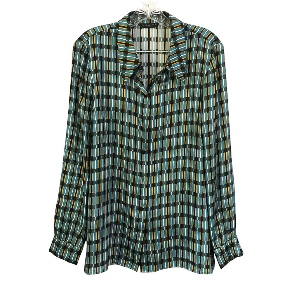 Tara Jarmon Blouse Size 14 Vintage Geometric Design Button Up Teal Yellow Black